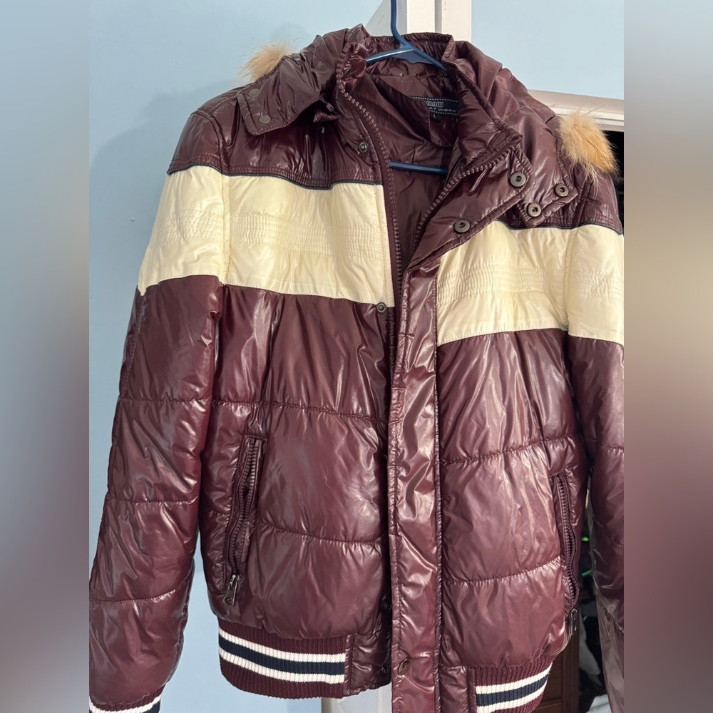 Brown and Cream Quilted Puffer Jacket with Sporty Design